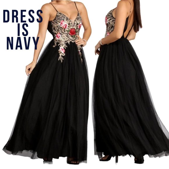 Blondie Nites Navy Gold Embroidered V-Neck V-Back Formal Dress Ball Gown Size 9 - Picture 2 of 16